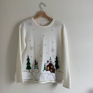 White Ugly Snowman & Gingerbread House Christmas Knit Sweater